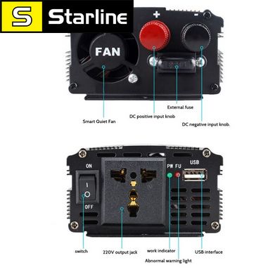 Инвертор преобразователь напряжения, инвертор с куллером и радиатором DC 12V AC 220V на выходе 500Вт чёрный