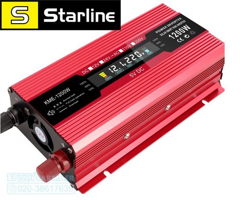 Перетворювач струму 1200W, інвертор KME 12 V — 220 V 1200 W LCD-дисплей USB Red модифікований інвертор