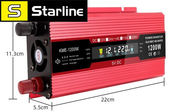 Перетворювач струму 1200W, інвертор KME 12 V — 220 V 1200 W LCD-дисплей USB Red модифікований інвертор