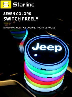 Підсвітка підсклянника в авто RGB з логотипом автомобіля JEEP комплект 2 штуки