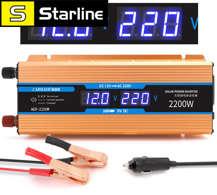 Перетворювач струму. Автомобільний інвертор 12 V — 220 V 2200 W LCD дисплей USB GOLD золотий