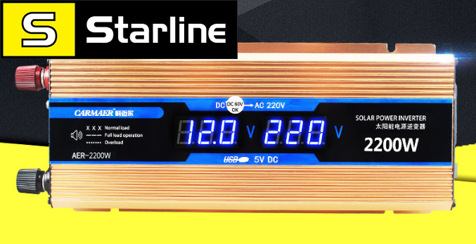 Перетворювач струму. Автомобільний інвертор 12 V — 220 V 2200 W LCD дисплей USB GOLD золотий