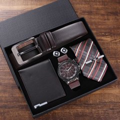 Подарунковий набір з бутіка, пояс + гаманець + краватка + кварцевий годинник з великим циферблатом + запонки