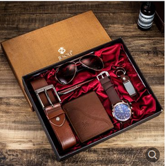 Модный подарочный набор Очки + ремень+ кошелек + брелок + кварцевые часы с большим циферблатом + ручка