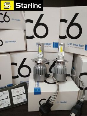 Автомобильные Светодиодные Лед LED лампы HeadLight C6 72 Вт 7600LM 6500К 12V COB Цоколь H4
