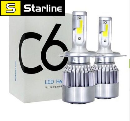 Автомобильные Светодиодные Лед LED лампы HeadLight C6 72 Вт 7600LM 6500К 12V COB Цоколь H4