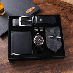 Подарочный набор из бутика, пояс + кошелек + галстук + кварцевые часы с большим циферблатом + запонки