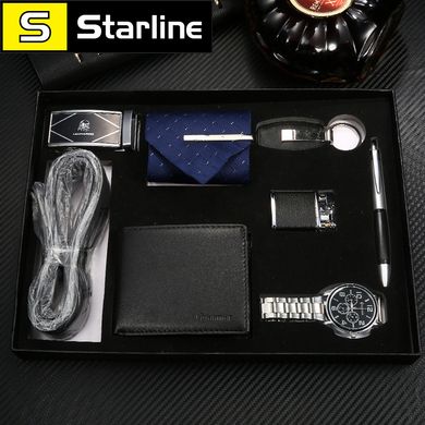 Подарунковий набір гаманець + годинник + брелок + пояс + запальничка + ручка + краватка