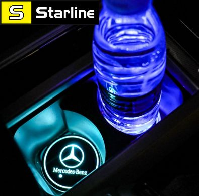Подсветка подстаканника в авто RGB с логотипом автомобиля Mercedes-Benz комплект 2 штуки