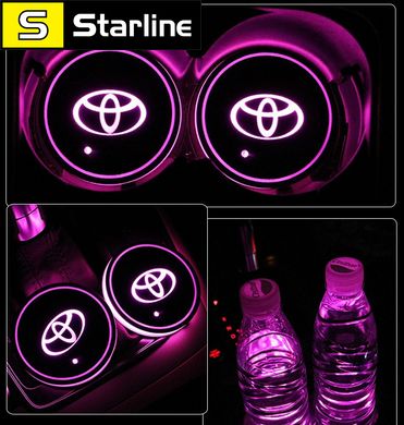 Подсветка подстаканника в авто RGB с логотипом автомобиля TOYOTA/ Тоета комплект 2 штуки