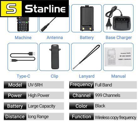 Рація BaoFeng UV 5RH, 15 Вт, Дводіапазонна, роз'єм usb-c, дальність 30 км &mdash; 15 днів Чорний
