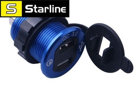Автомобильное зарядное Quick Charge 3,0 на 2хUSB (12 V - 24 V) с ВОЛЬТМЕТРОМ Синий / Корпус Металлический