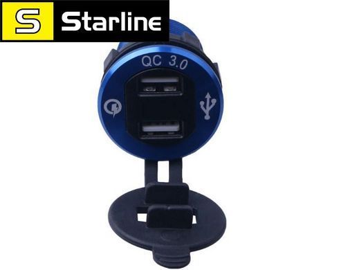 Автомобильное зарядное Quick Charge 3,0 на 2хUSB (12 V - 24 V) с ВОЛЬТМЕТРОМ Синий / Корпус Металлический