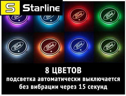 Підсвітка підсклянників в авто RGB з логотипом автомобіля Ford комплект 2 штуки