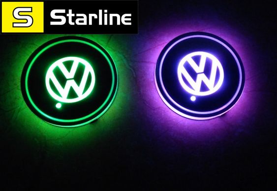 Подсветка подстаканника в авто RGB с логотипом автомобиля Volkswagen комплект 2 штуки