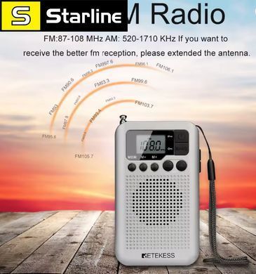 Портативне мінірадіо Retess TR106 AM/FM, кишенькове радіо, живлення від батарейок, стереодинаміки, РК-дисплей, годинник